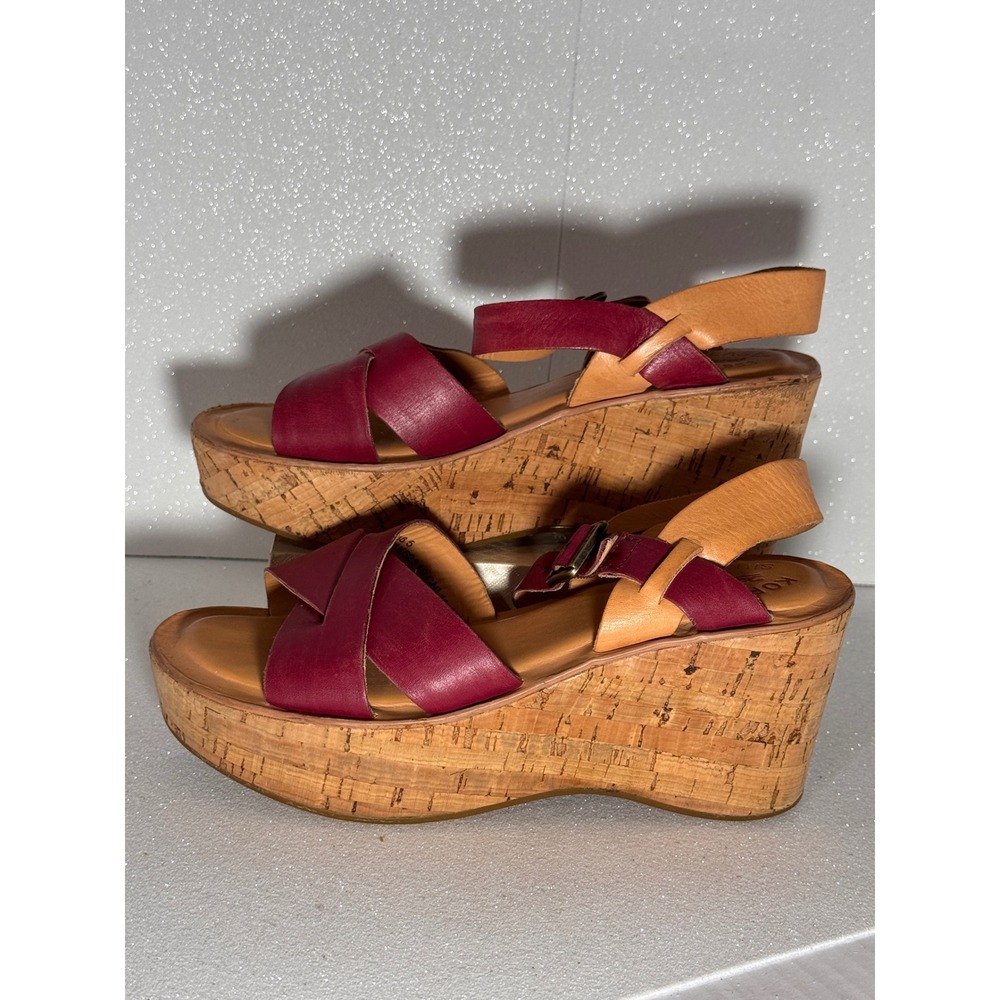 Kork-Ease Burgundy Tan Leather Cork Platform Wedge Sandals Womens 8 38 6/38.5